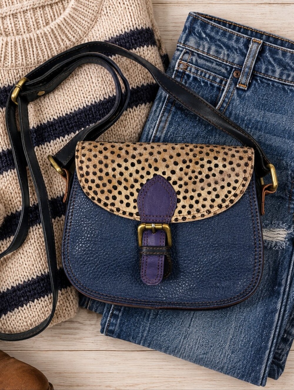 Soruka Quinn Recycled Leather Crossbody Bag Animal Print Flap Navy Red Leather